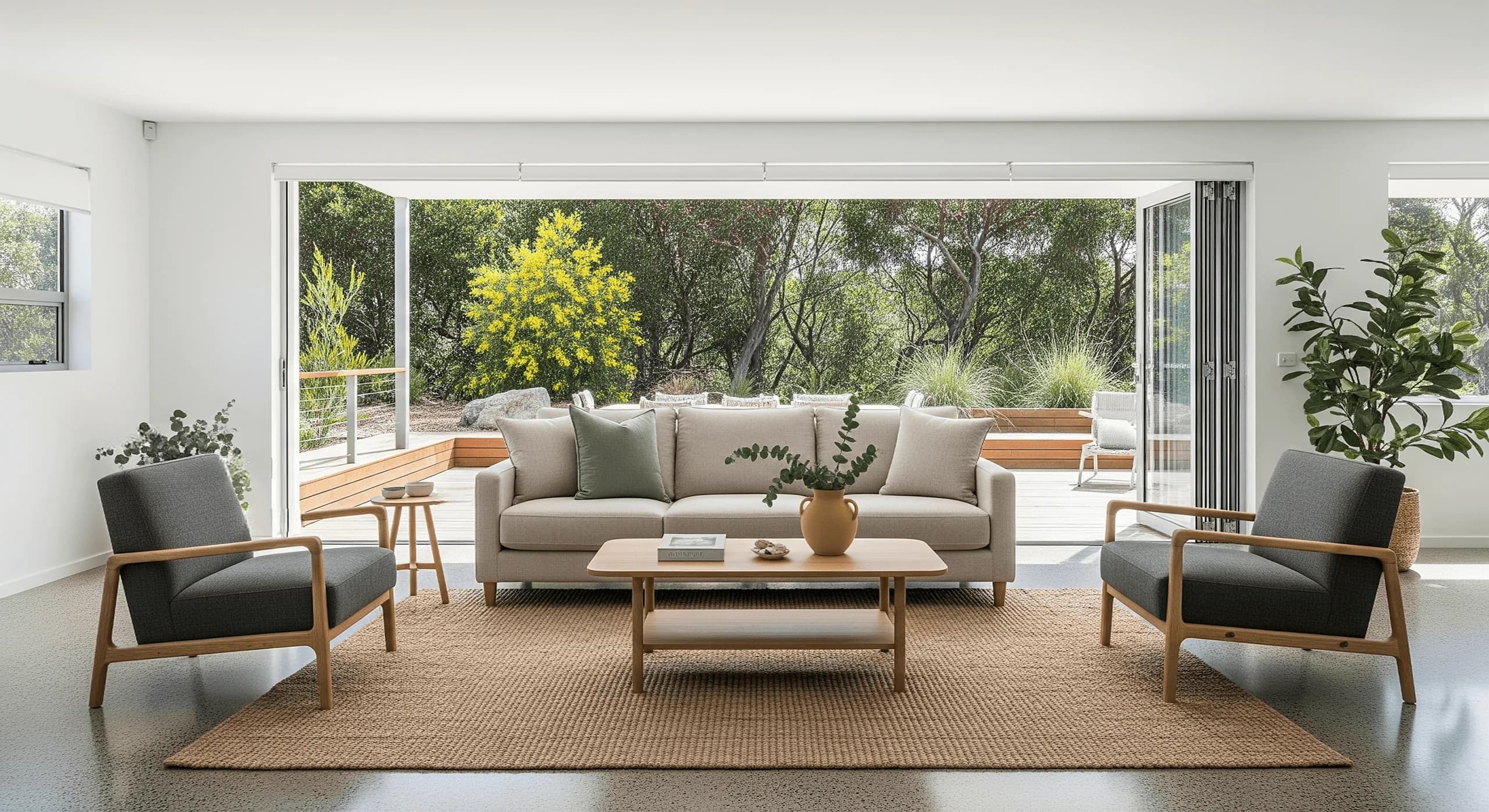 A bright, freshly turned-over living room opening onto a native garden