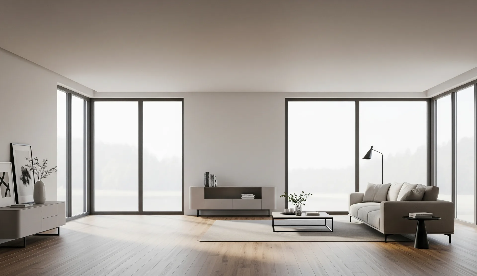 A calm, minimal lounge bathed in soft natural light
