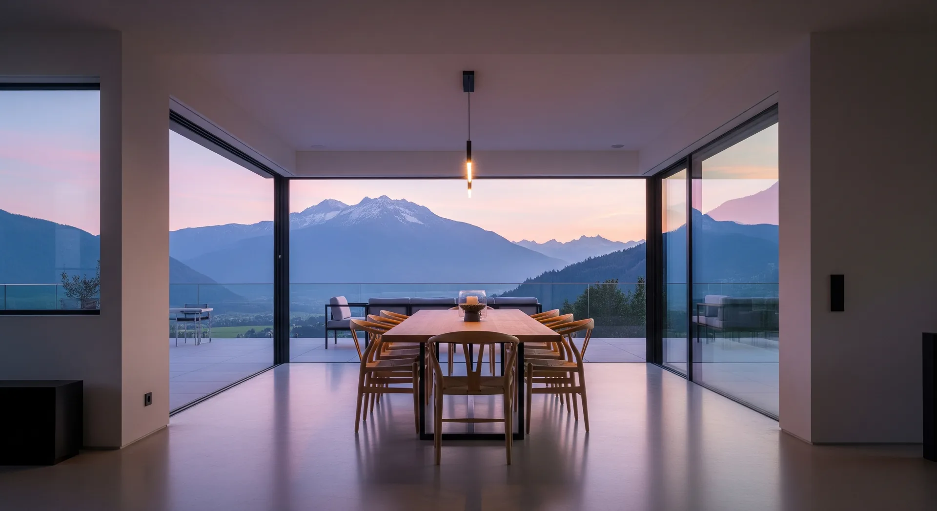 A minimal dining room at dusk opening to a mountain view